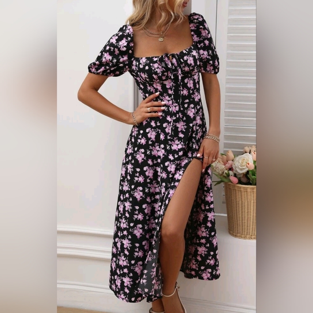 NEW Boho Floral Print Milkmaid Tie Midi Dress Black - Picture 2 of 8